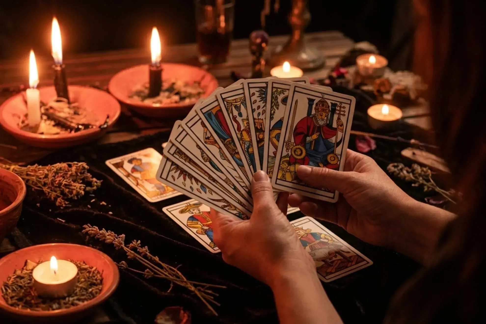 Cartas de tarot abertas sobre uma mesa esotérica iluminada por velas. Consulta de tarot do amor e orientação espiritual presencial em Curitiba e online.