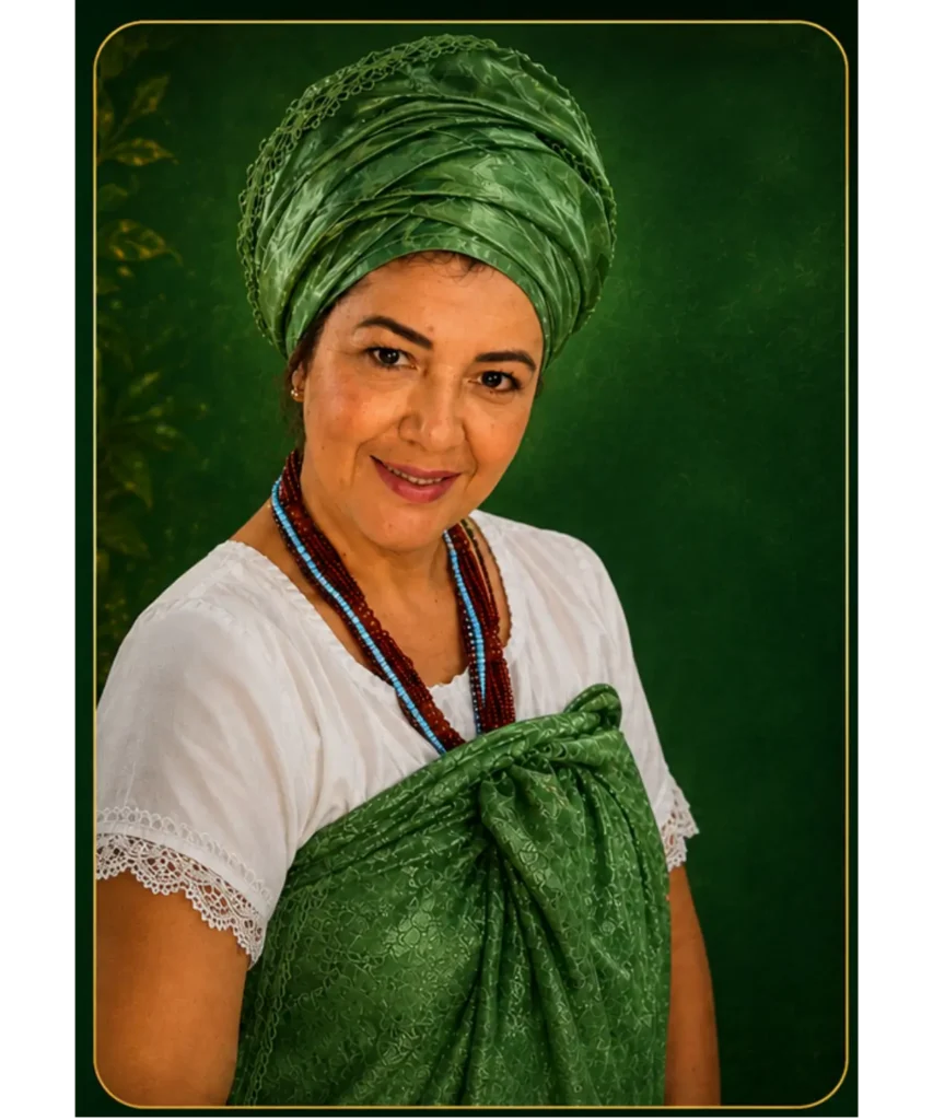 Retrato da Mãe Esmeralda vestida com trajes espirituais tradicionais nas cores verde e branco. Conhecida como a Rainha da Amarração, é a principal especialista em trabalhos amorosos e orientação espiritual em Curitiba.