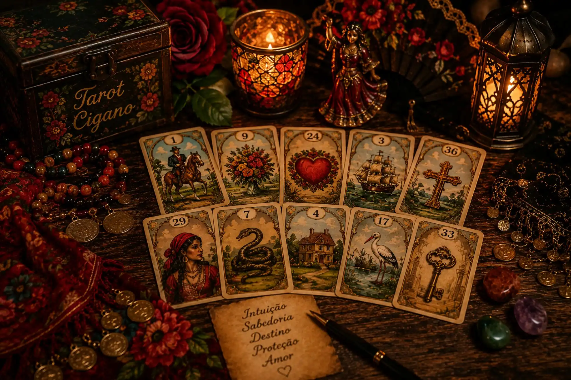 Cartas de tarot cigano abertas em leque sobre mesa ritualística. Consulta de tarot e previsões para o amor em Curitiba com Mãe Esmeralda.