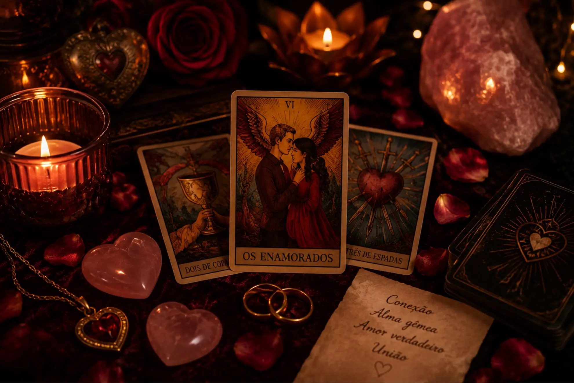 Mão feminina segurando cartas de tarot do amor sobre mesa de veludo com velas. Jogo de tarot para relacionamentos em Curitiba.